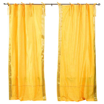 Lined-Yellow  Tie Top  Sheer Sari Cafe Curtain / Drape - 43W x 36L - Pair