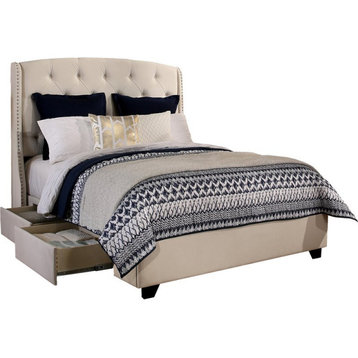 Peyton Fabric Upholstered "Steel-Core" Platform Queen Bed/2-Drawers in Ivory