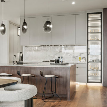 Modern Luxury Lakehouse Kitchen Featuring Sleek Island and Elegant Storage