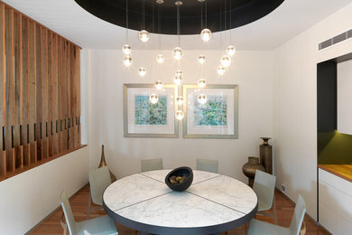 Photo of a contemporary dining room in Melbourne with white walls and medium hardwood floors.