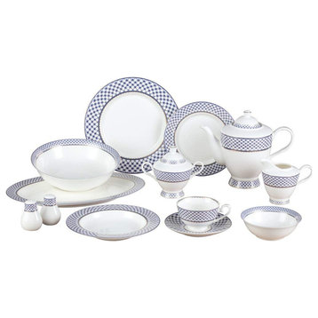 Royalty Porcelain "VILLA AZURE" 57-pc Banquet Dinnerware Set for 8, Bone China