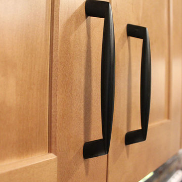 Waypoint Maple Spice Kitchen Cabinets w/ Fire & Ice Brick Mosaic Backsplash