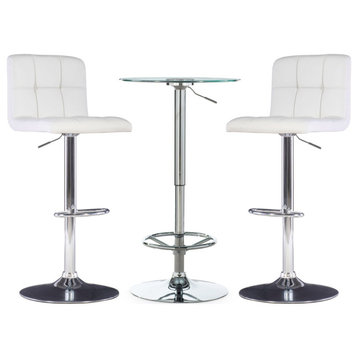 3 Pieces Pub Set, Round Glass Table & Square Tufted Faux Leather Stools, White