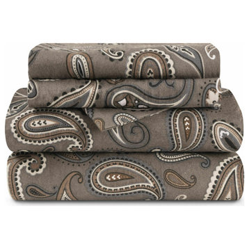 Flannel Cotton Paisley Pillowcases Bed Sheet Set, Grey Paisley, Queen