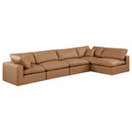 Meridian Furniture - Comfy Upholstered L-Shaped Modular Sectional, Cognac, 5-Piece: 3 Armless Chair, 2 Corner Chair, Vegan Leather - Give your space a whole new look with this cognac Comfy vegan leather sectional. This handsome sectional fits nicely with other items in the Comfy collection and is a versatile seating option designed for adaptability, comfort and style. Wrapped in rich cognac durable vegan leathered upholstery, this sectional offers a plush embrace of overstuffed down feather cushions, carefully crafted to deliver the highest level of comfort. The perfect seat for creating an oasis for relaxation, this sectional has thick foam surrounding its frame for added support and coziness.
