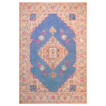 Bareens Designer Rugs - Antique Persian Cheryle Blue/Beige Wool Rug - 7'10'' x 10'11'' - A mesmerizing addition to any decor, this brand-new hand knotted vintage wool rug featuring vibrant colors and a traditional design is made by skilled artisans capable of creating the most exceptional Persian knotted rugs. Harnessing the natural energy of the sun, each rug is organically neutralized from its original color, distressed and then saturated in an infusion of a bold vibrant color pallet to give it a fresh perspective and modern appeal. This masterpiece draws its inspiration from traditional and timeless rug designs, which provides both harmony and contrast bringing a phenomenal twist in any decor. An intricate design and exquisite coloration make this wool rug a standout piece for any room.