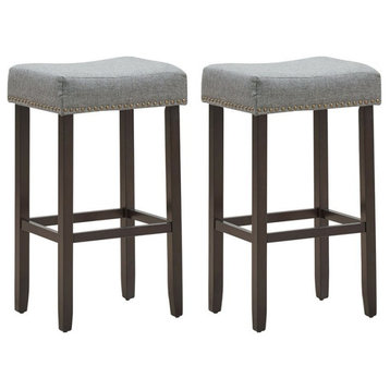Costway 29" Wood Nailhead Saddle Bar Stools with Fabric Seat in Gray (Set of 2)