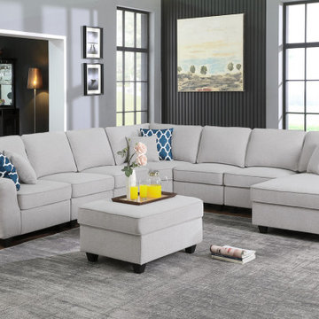 Leo 125" 8Pc Modular L-Shape Sectional Sofa Chaise and Ottoman