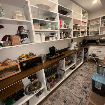 Walk-in pantry with extensive open shelving and butcher block countertops