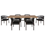 Armen Living - Glendora Doris Outdoor Patio Live Edge Dining Set, Wood Black Rope, 7-Piece Set - Transform your outdoor living area with the Doris Dark Eucalyptus and Black Rope Stackable Dining Chair Set from Armen Living. This pair of chairs introduces a refined charm and alluring aesthetic to your space. Wrapped in resilient regatta rope cording, these chairs provide supple support with element passthrough, enhancing your seating experience with a softness that rivals most fabrics. The open chair back ensures a breathable seating option, keeping you comfortable while seated. Crafted with a durable and highly weather-resistant eucalyptus wood frame, the Doris chairs offer longevity and years of extra enjoyment. Sold as a stackable pair, these chairs are perfect for mixing and matching to create your ideal outdoor atmosphere. Complementing these chairs is the Glendora Outdoor Patio Live Edge Dining Table  a stunning blend of natural beauty and contemporary design. Crafted with an Eucalyptus wood tabletop featuring a wavy live edge expertly sanded down for a unique surface, this table seamlessly merges organic allure with the industrial elegance of a black metal base. Designed for outdoor endurance, it boasts water-resistant and UV-resistant features, promising steadfast resilience through changing weather conditions. The durability of Eucalyptus wood ensures longevity, making the Glendora Dining Table an ideal choice for outdoor dining spaces. The captivating combination of the live edge and sleek metal base creates a striking focal point for your patio or outdoor dining area, elevating your outdoor aesthetic with organic elegance and modern design. Enrich your outdoor living space with the Doris Dining Chair Set and Glendora Dining Table  a combination of refined charm, alluring aesthetics, and enduring durability. Invest in quality outdoor furniture that seamlessly blends natural elements with contemporary design, creating a harmonious balance for your modern outdoor living.