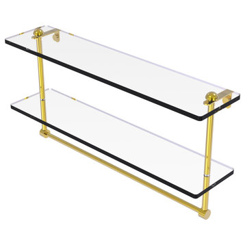 22" Two Tiered Glass Shelf with Integrated Towel Bar, Polished Brass