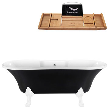 68" Black Clawfoot Tub and Tray, White Feet, Chrome External Drain