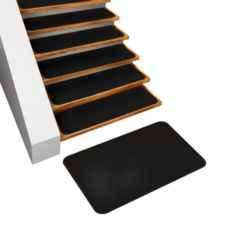 Set of 15 Skid-Resistant Carpet Stair Treads & Matching Landing Rug, Black