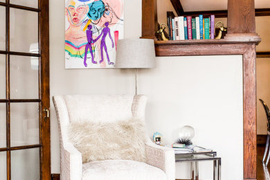 Inspiration for a small transitional open concept dark wood floor living room remodel with a music area, beige walls, a standard fireplace and no tv