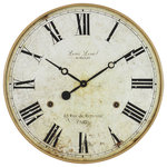 Aspire - Leniel Large Wall Clock - The Leniel wall clock boasts quality of design and craftsmanship that are readily apparent the moment you set eyes on it. Featuring an aged roman numeral clock face accented by hour and minute hands resembling those on a pocket watch. A golden-brown metal frame surrounds the clock face.