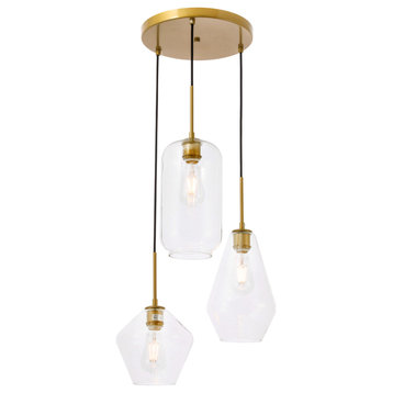 Gene 3 Light Pendant in Brass And Clear Glass