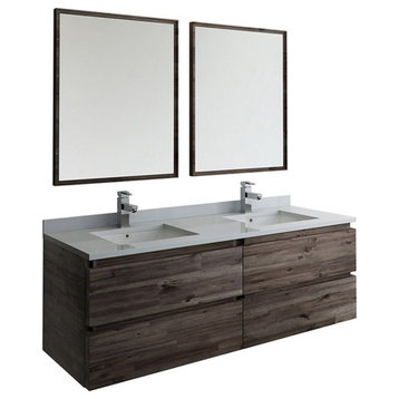 Fresca Formosa Wall Hung Double Sinks Bathroom Vanity with Mirrors in Brown