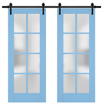 Double Barn Door 56 x 80, Veregio 7412 Aquamarine & Frosted Glass, 13' Rail
