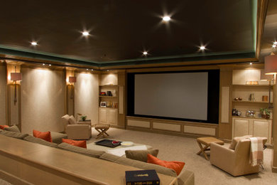 Huge trendy enclosed carpeted home theater photo in DC Metro with white walls and a projector screen