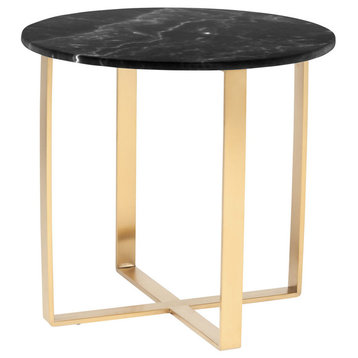 Rosa Side Table, Marble End Table, Black Round Marble Top, Brushed Gold Base