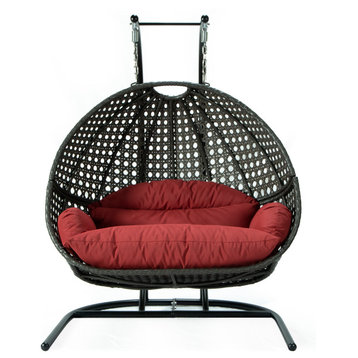 2 Person Charcoal Wicker Double Hanging Egg Swing Chair, Dark Red