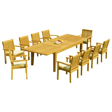 11-Piece Outdoor Teak Dining Set 122" Rectangle Table, 10 Lev Stacking Arm Chair