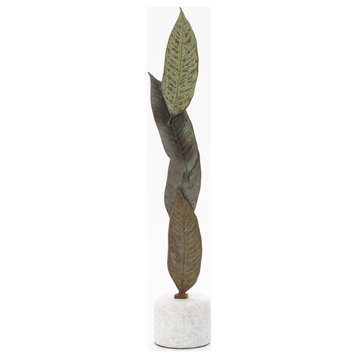 Falling Leaves Sculpture, Antique Brass Finish on White Marble, Large
