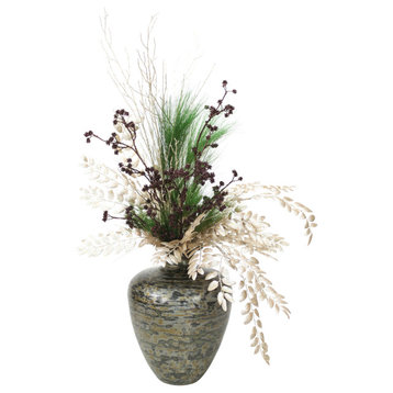 Silver and Brown Glittered Branches with Pine in Black/Silver Tortoise Vase