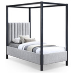 Meridian Furniture - Kelly Boucle Fabric Upholstered Bed, Gray, Twin - Immerse yourself in a haven of tranquility and refined design with the Kelly Twin-sized Boucle Fabric Bed. This captivating centerpiece seamlessly blends the rich texture of grey boucle fabric with a salt & pepper-colored undertone, creating a visual harmony that elevates your bedroom while fostering restful nights. The matte black iron metal frame canopy adds a touch of drama and elegance, transforming your space into a private sanctuary. Imagine the soft glow of fairy lights draped across the canopy, creating a magical ambiance perfect for unwinding after a long day or enjoying a cozy reading nook. This canopy provides not only a touch of privacy but also an opportunity to personalize your space and create a truly unique retreat.