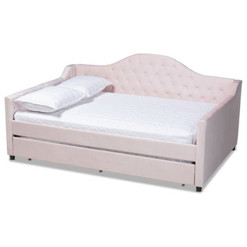Baxton Studio Perry Velvet Upholstered Full Daybed with Trundle in Pink