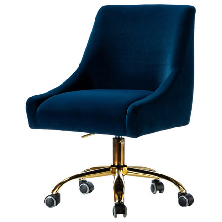 Upholstered Swivel Task Chair With Golden Base, Navy