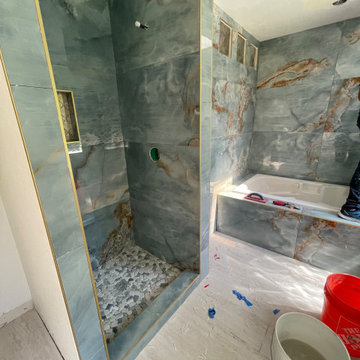 Bathroom Remodel; Huge Blue Tiles; Luxury shower and tub