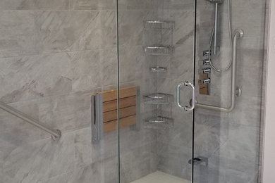 Example of a large minimalist gray tile and porcelain tile mosaic tile floor and beige floor bathroom design in Toronto