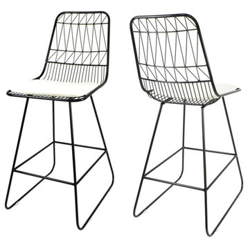 Hedy Outdoor Wire Counter Stools with Cushions, Set of 2, Black Finish, Ivory
