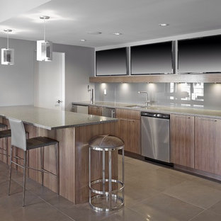 エドモントンの大きいコンテンポラリースタイルのおしゃれなウェットバー (アンダーカウンターシンク、フラットパネル扉のキャビネット、中間色木目調キャビネット、クオーツストーンカウンター、グレーのキッチンパネル、ガラス板のキッチンパネル、磁器タイルの床) の写真