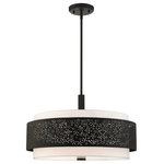 Livex Lighting - Black Stylish, Transitional, Intricate, Urban Chandelier - The Noria collection combines an intricate organic laser cut black finish steel frame surrounds an off-white fabric shade creating a casual warm light with a touch of nature vibe. This large five-light drum pendant will have a commanding presence in many areas of your home. You can suspend it in the living room, over the dining table or bedroom.