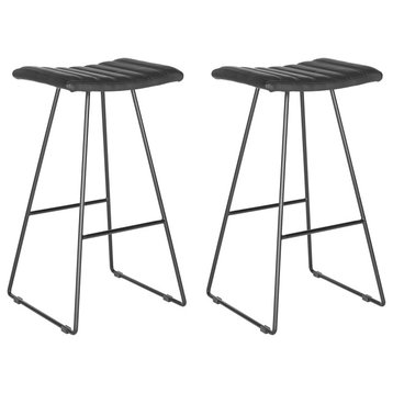 Set of 2 Bar Stool, Backless Design With Metal Base and Faux Leather Seat, Black