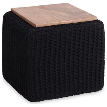 Posh Living Desean Cotton Yarn 3-in-1 Pouf/Ottoman/End Table Black