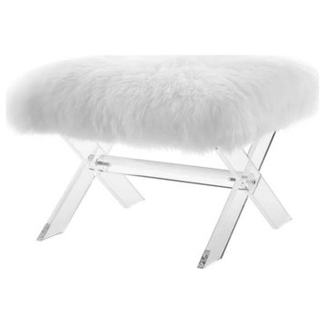 Modern Accent Bench, X-Shaped Base With Padded Sheepskin Seat, Clear/White