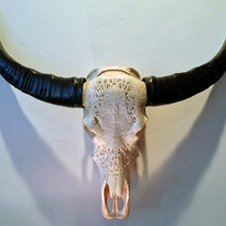 Hand Carved Skull - Water Buffalo, Ganesha Design, White - Artwork