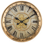 Yosemite Home Decor - Yosemite Home Decor Gilded Round Modern Metal Gear Clock in Gold - Yosemite Home Decor presents a collection of an Open Gear Wall Clocks. Main feature of all items in this collection are decorative moving gears, powered by two AA batteries. Additional separate AA battery is required for clock mechanism. Sophisticated design combines timeless classics and modern trends. Several contrasted finishes and layers of textures make open Gear Wall Clocks a statement and focal point well suiting to wide array of styles. The heavy rubbed gold frame of the Gilded Round Gear Clock is combined perfectly with a cream and beige clock face and black Roman numerals. Each numeral seems to have a frame of its own as the frame extends over the glass face. The minimal use of golden exposed gears underneath the black hands balance the steampunk element creating a fantastic statement in any decor.