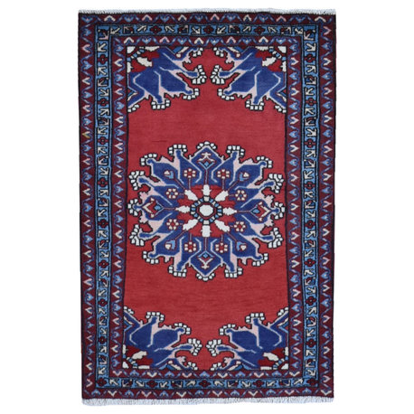 New Persian Hamadan Open Field Red Pure Wool Hand Knotted Oriental Rug,2'8"x4'0"