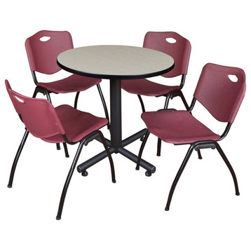 Kobe 30" Round Breakroom Table, Maple and 4 'M' Stack Chairs, Burgundy