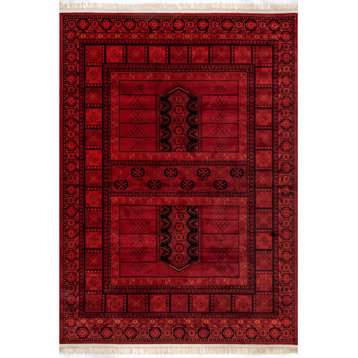nuLOOM Billie Traditional Paneled Fringe Traditional Area Rug, Red 6' 7"x9'