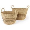 Vance Light Brown Palm Leaf and Seagrass Round Basket With Handles, 2-Piece Set