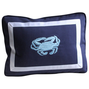 Navy Lumbar Pillow With Light Blue Crab and Grosgrain