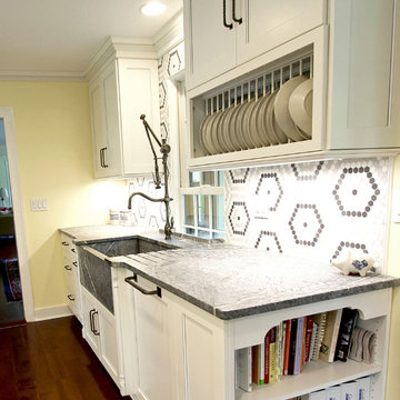 White Cabinets, Grey Countertops and Edgy Tile Backsplash