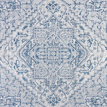Estrella Bohemian Medallion Textured Weave Indoor/Outdoor, Navy/Gray, 5'3" Square