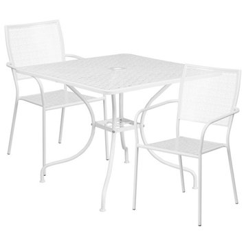 35.5" Square White Indoor-Outdoor Steel Patio Table Set, 2 Square Back Chairs