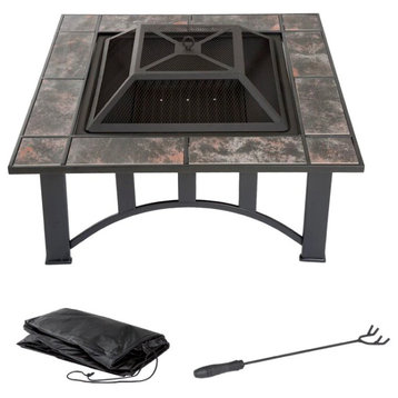 Outdoor Wood Burning Fire Pit Table With BBQ Grill Shelf For Backyard Terrace